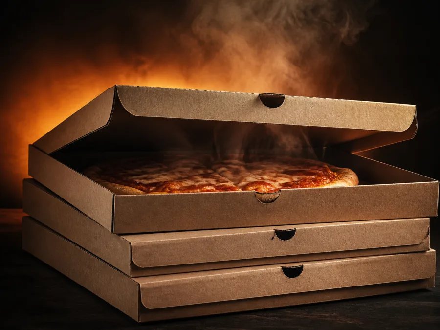 Freshly boxed pizzas ready for collection